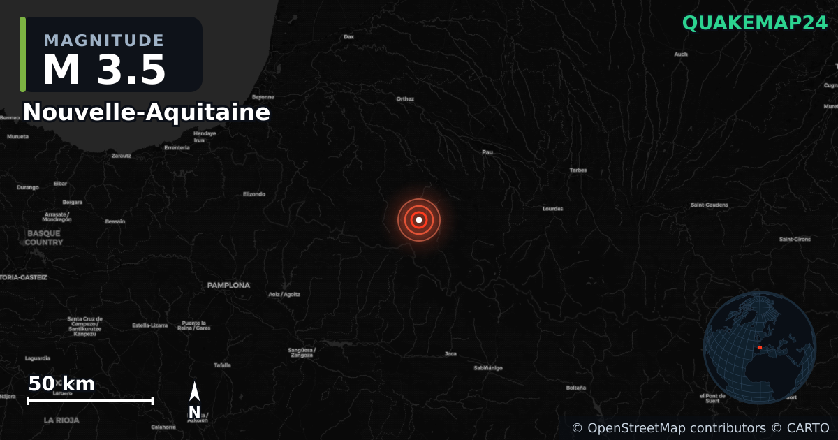 M3.5 earthquake near Nouvelle-Aquitaine on Dec 20, 2025 — map of epicenter and shaking intensity | QuakeMap24