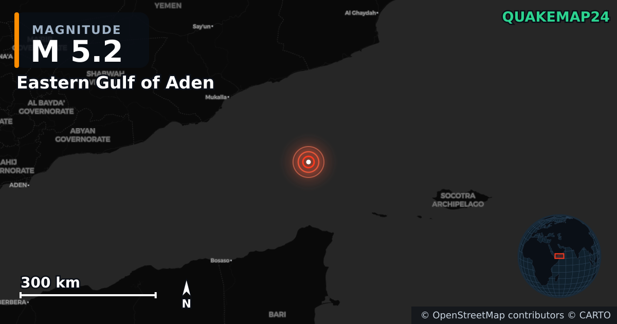 M5.2 Earthquake near Eastern Gulf of Aden · 2026-06-25 — Map showing the location of the epicenter