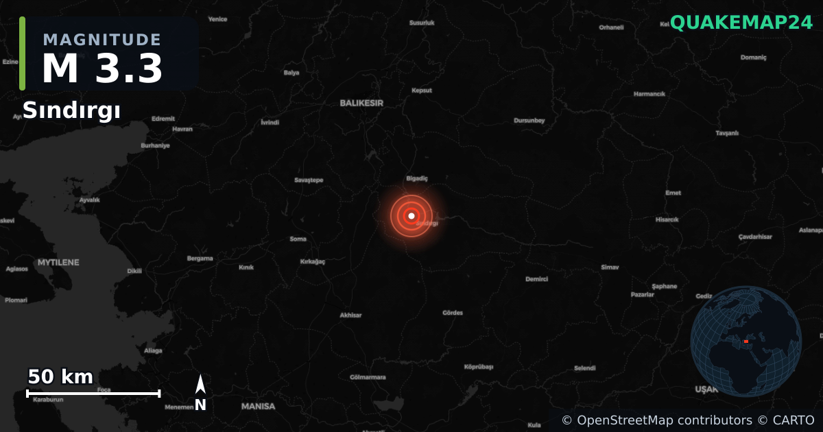 M3.3 earthquake near Sındırgı on Aug 20, 2025 — map of epicenter and shaking intensity | QuakeMap24