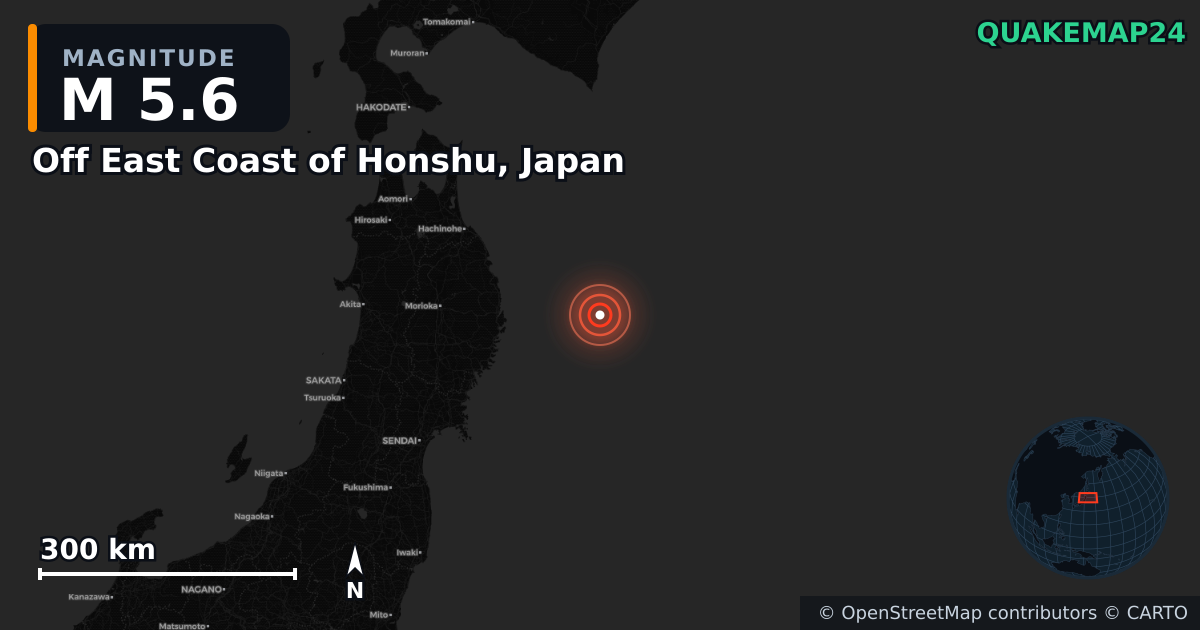 M5.6 earthquake near Off East Coast of Honshu, Japan on Nov 9, 2025 — map of epicenter and shaking intensity | QuakeMap24
