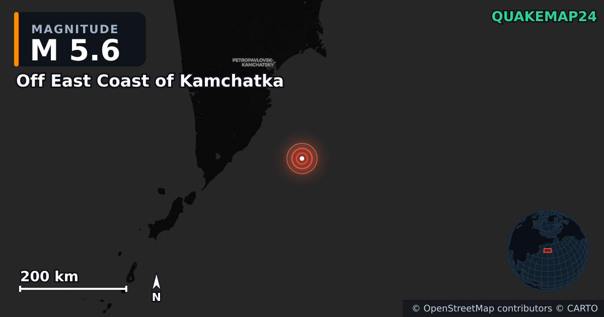 M5.6 earthquake near Off East Coast of Kamchatka on Aug 6, 2025 — map of epicenter and shaking intensity | QuakeMap24