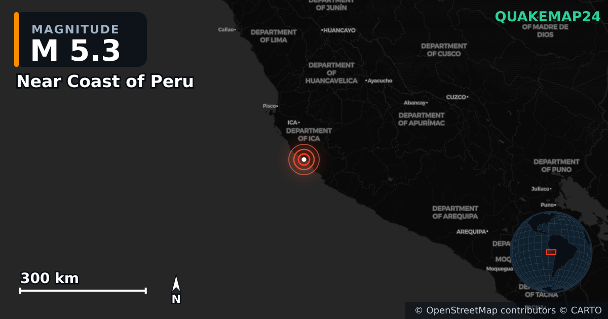 M5.3 earthquake near Near Coast of Peru on May 28, 2025 — map of epicenter and shaking intensity | QuakeMap24