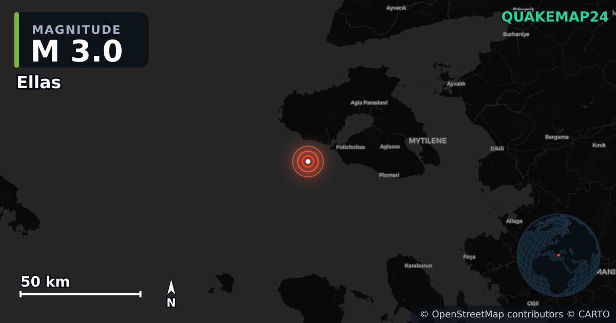 M3.0 earthquake near Ellas on Jan 1, 2026 — map of epicenter and shaking intensity | QuakeMap24