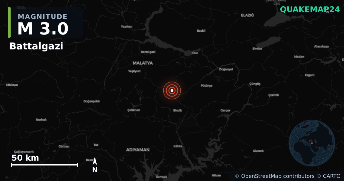 M3.0 earthquake near Battalgazi on Jan 31, 2026 — map of epicenter and shaking intensity | QuakeMap24