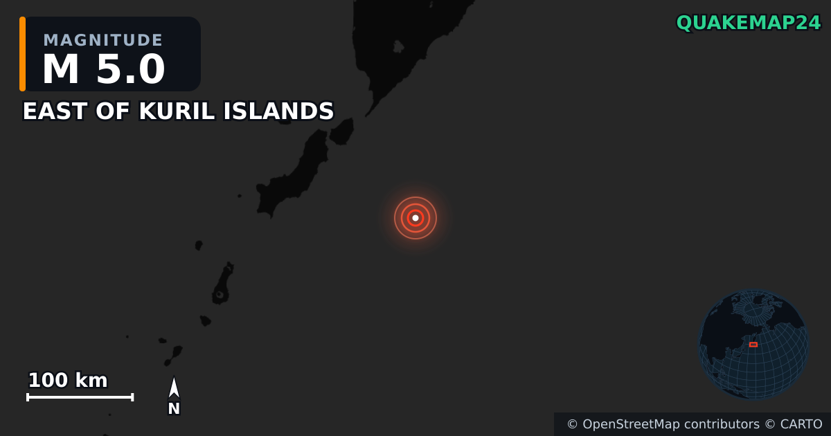 M5.0 earthquake near EAST OF KURIL ISLANDS on Jul 30, 2025 — map of epicenter and shaking intensity | QuakeMap24