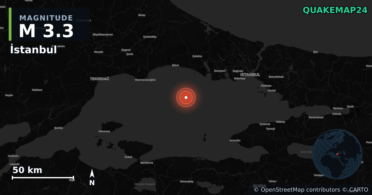 M3.3 earthquake near İstanbul on May 12, 2025 — map of epicenter and shaking intensity | QuakeMap24