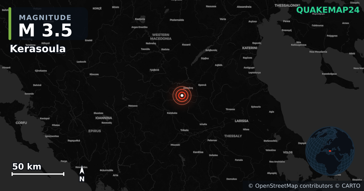 M3.5 earthquake near Kerasoula on Jul 22, 2026 — map of epicenter and shaking intensity | QuakeMap24