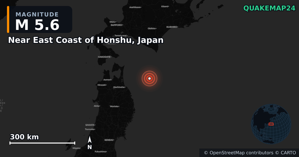 M5.6 earthquake near Near East Coast of Honshu, Japan on Dec 8, 2025 — map of epicenter and shaking intensity | QuakeMap24