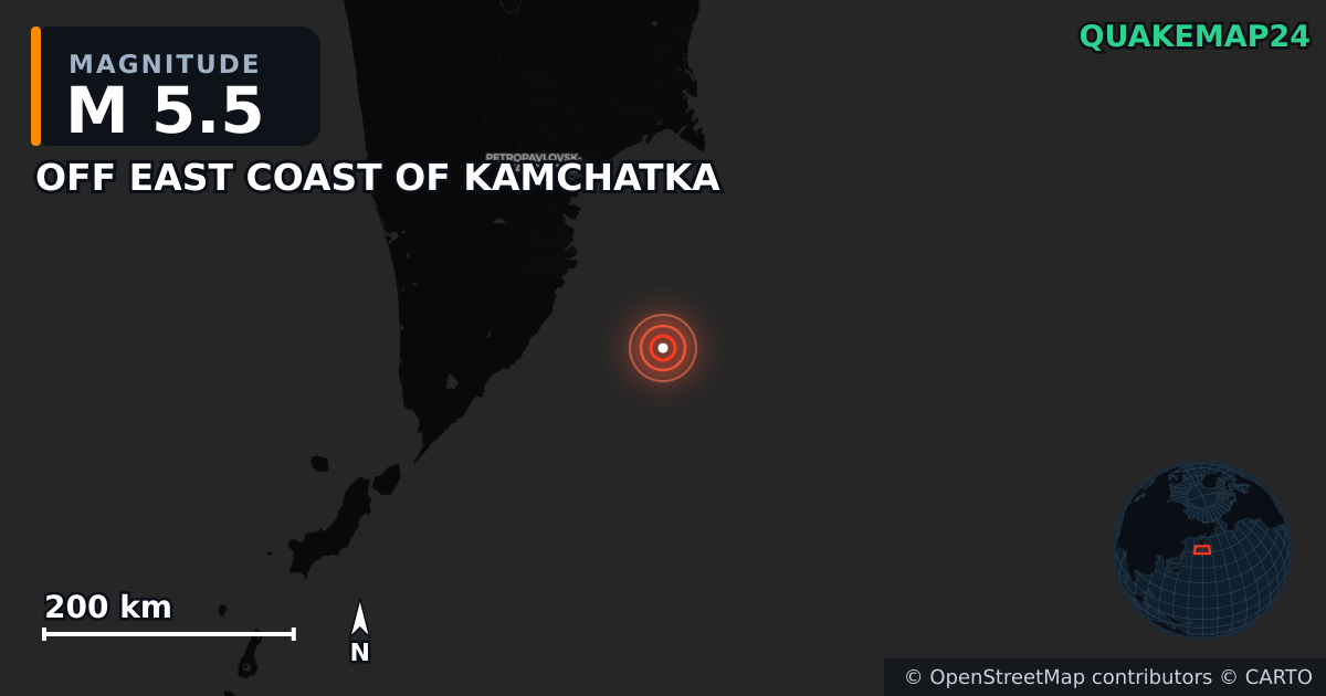 M5.5 earthquake near OFF EAST COAST OF KAMCHATKA on Jul 30, 2025 — map of epicenter and shaking intensity | QuakeMap24