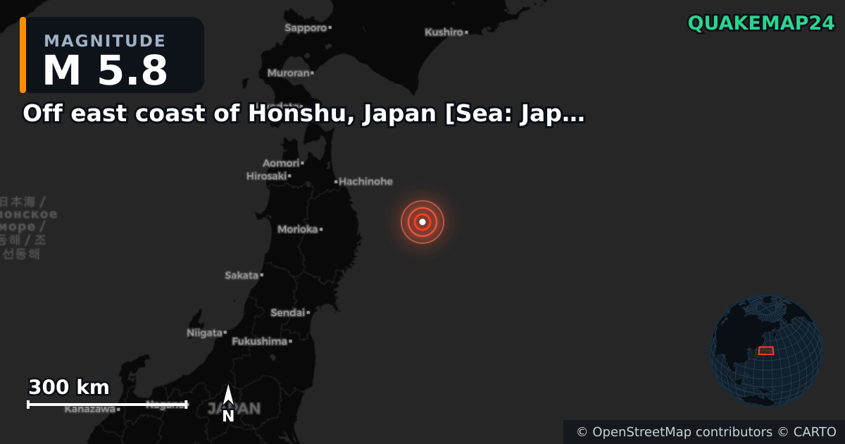M5.8 earthquake near Off east coast of Honshu, Japan [Sea: Japan] on Apr 21, 2026 — map of epicenter and shaking intensity | QuakeMap24