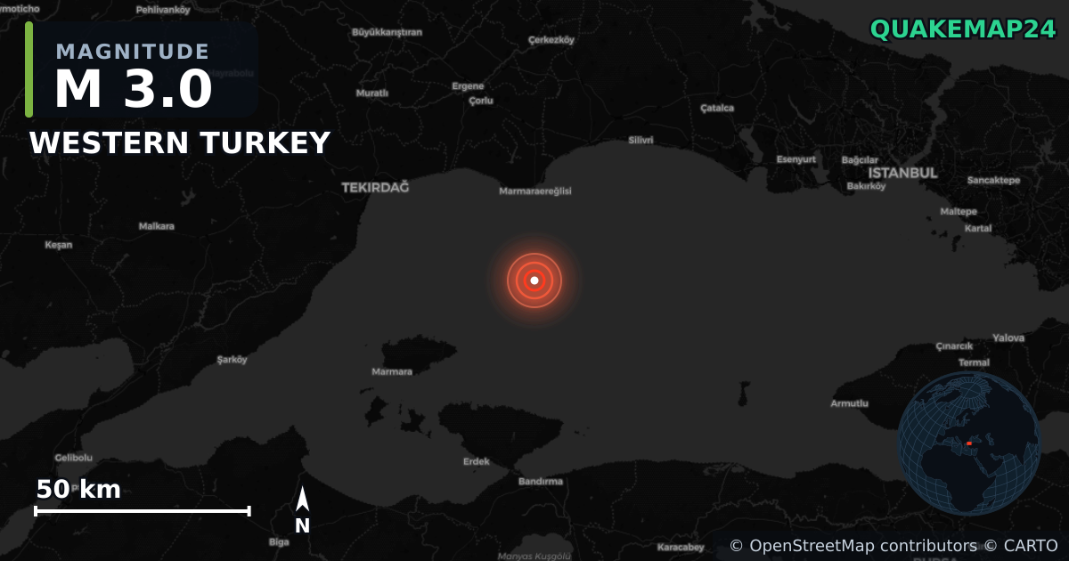 M3.0 earthquake near WESTERN TURKEY on Oct 2, 2025 — map of epicenter and shaking intensity | QuakeMap24