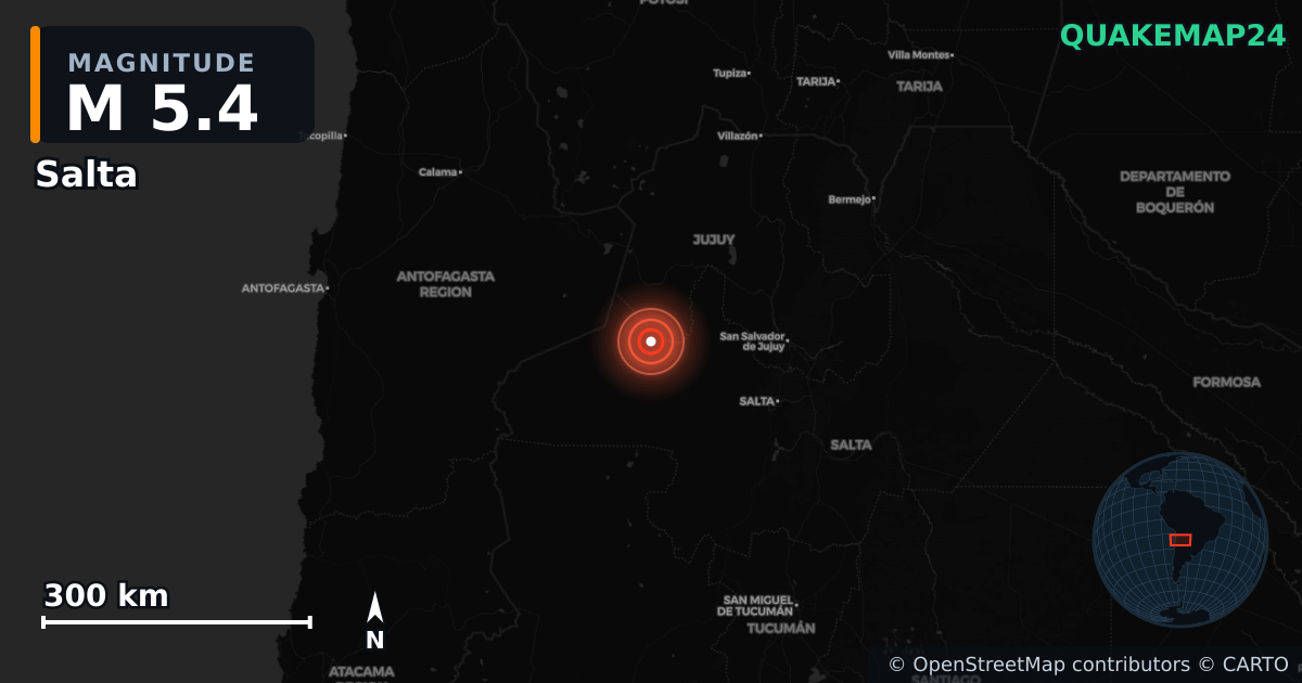 Salta Province, Argentina (Arjantin) yakınında M5,4 deprem · 2026-01-01 — Deprem merkez üssünün konumunu gösteren harita