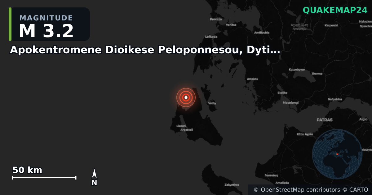 M3.2 earthquake near Apokentromene Dioikese Peloponnesou, Dytikes Elladas kai Ioniou on Oct 28, 2025 — map of epicenter and shaking intensity | QuakeMap24