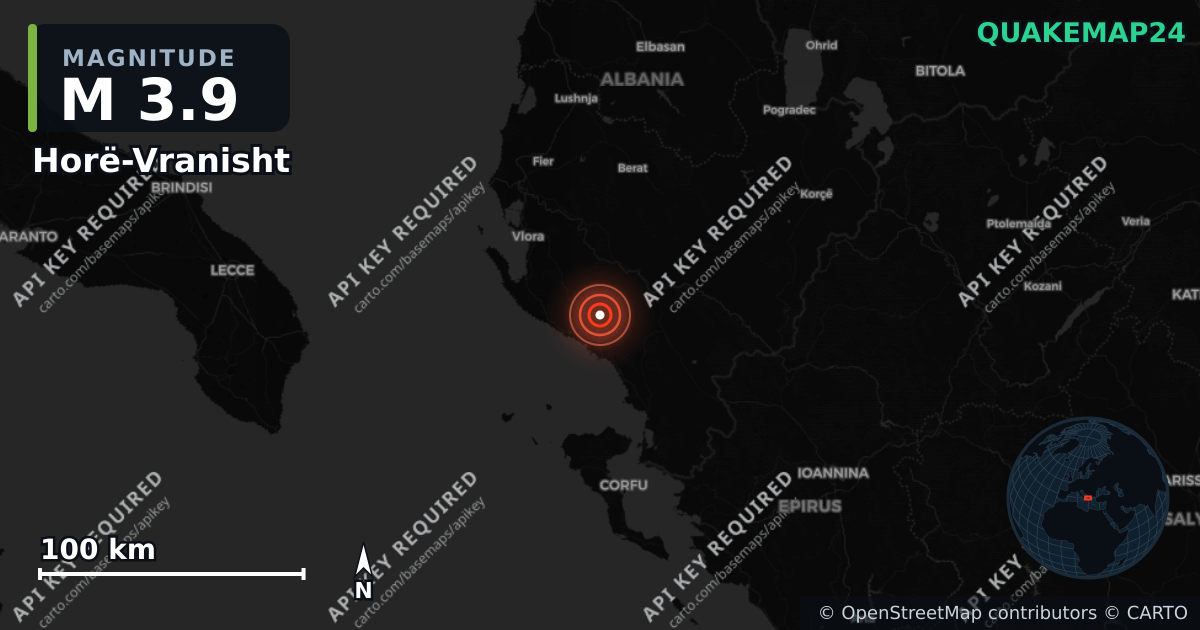 M3.9 earthquake near Horë-Vranisht on Jun 12, 2026 — map of epicenter and shaking intensity | QuakeMap24