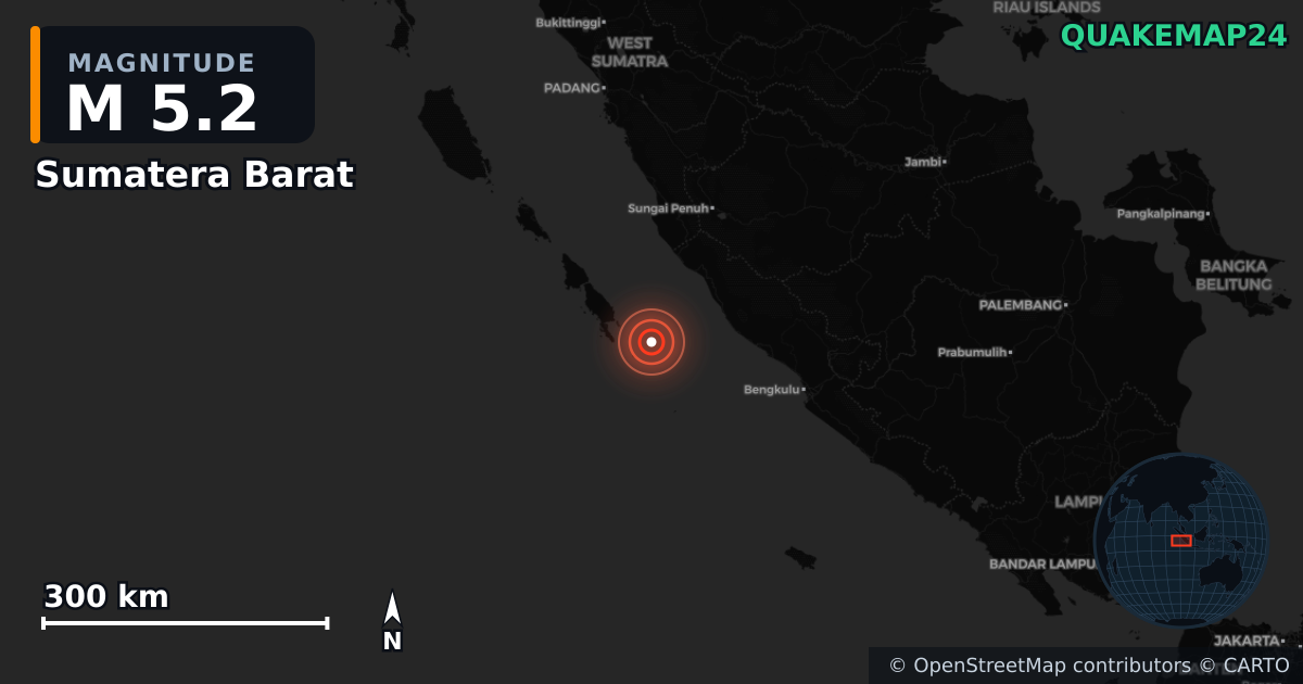M5.2 earthquake near Sumatera Barat on Oct 3, 2025 — map of epicenter and shaking intensity | QuakeMap24