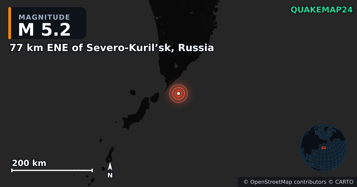 M5.2 earthquake near 77 km ENE of Severo-Kuril’sk, Russia on Aug 29, 2025 — map of epicenter and shaking intensity | QuakeMap24