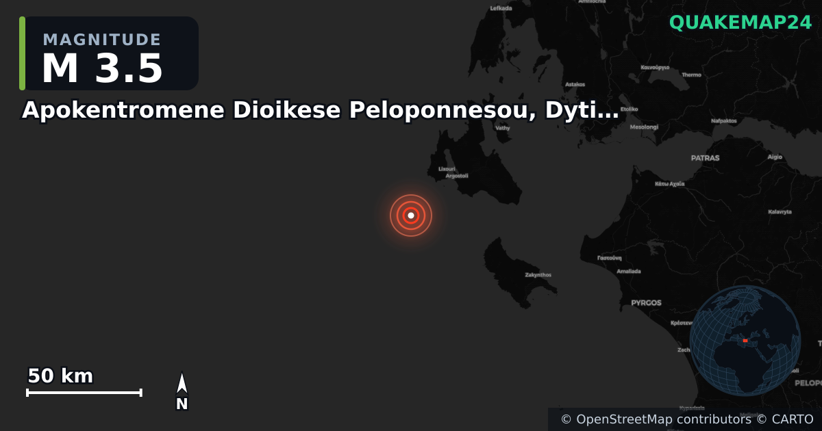 M3.5 earthquake near Apokentromene Dioikese Peloponnesou, Dytikes Elladas kai Ioniou on Jul 4, 2025 — map of epicenter and shaking intensity | QuakeMap24