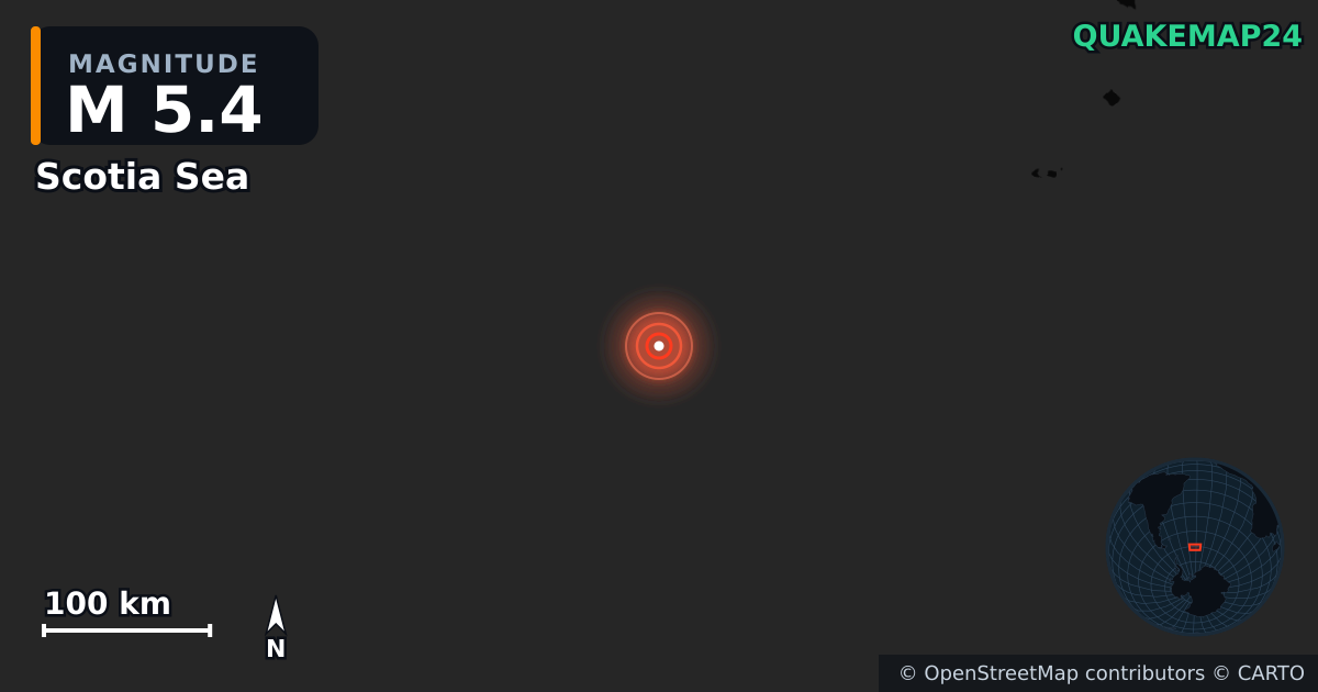 M5.4 earthquake near Scotia Sea on Sep 18, 2025 — map of epicenter and shaking intensity | QuakeMap24