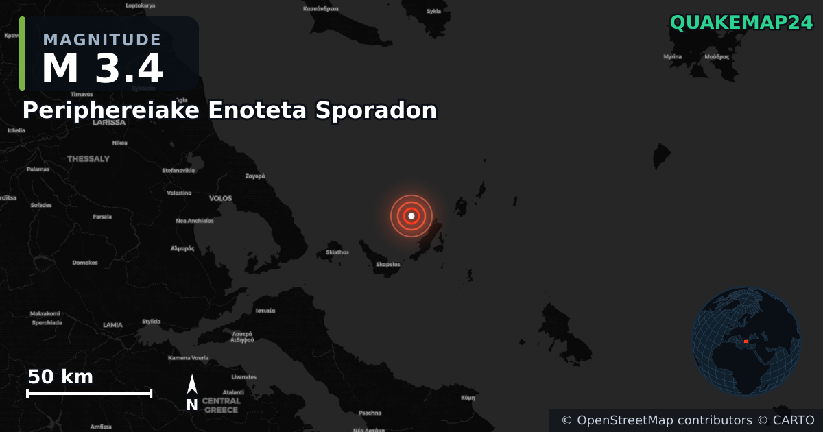 M3.4 earthquake near Periphereiake Enoteta Sporadon on Jan 8, 2026 — map of epicenter and shaking intensity | QuakeMap24
