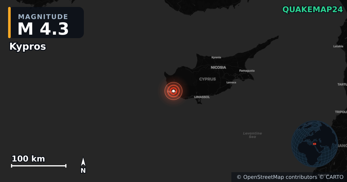 M4.3 earthquake near Kypros on Dec 12, 2025 — map of epicenter and shaking intensity | QuakeMap24