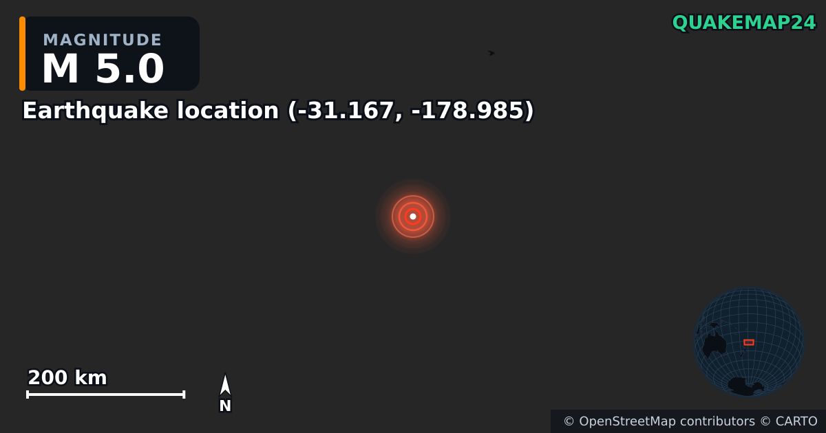 M5.0 earthquake near Lieu du séisme (-31.167, -178.985) on Feb 24, 2026 — map of epicenter and shaking intensity | QuakeMap24