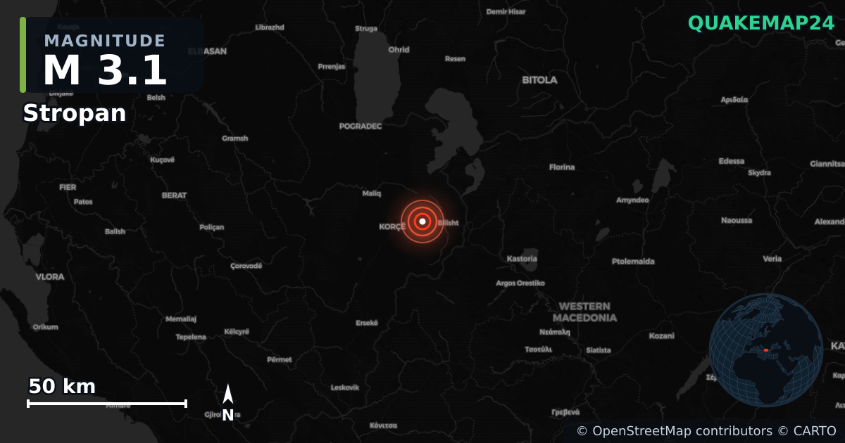 M3.1 earthquake near Stropan on Jan 27, 2026 — map of epicenter and shaking intensity | QuakeMap24