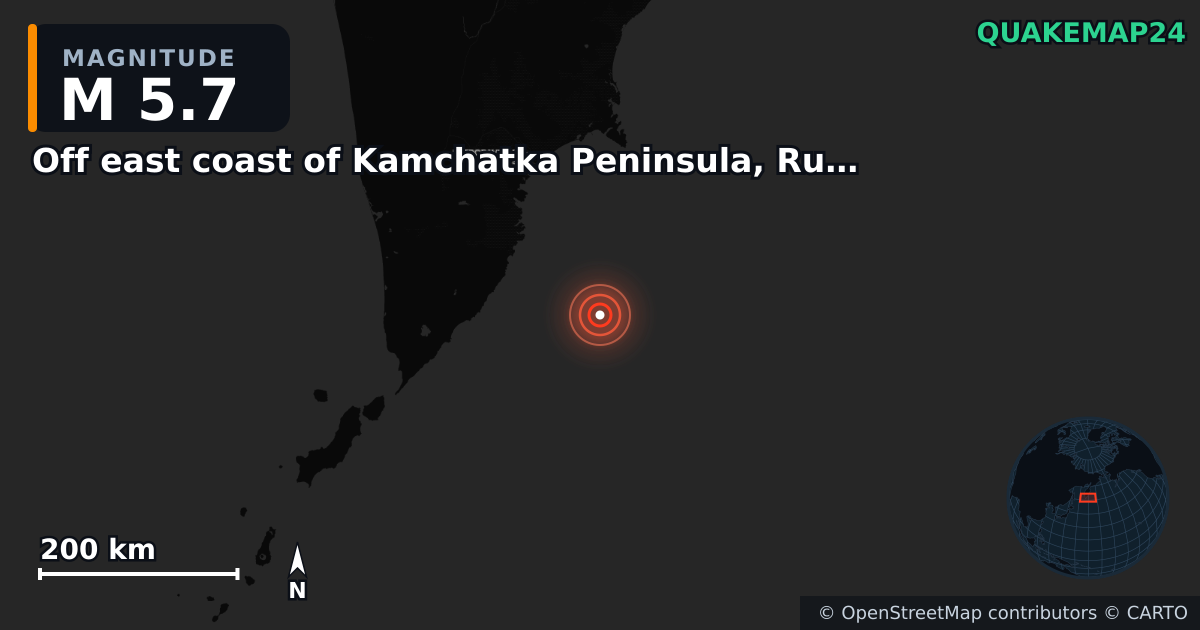 M5.7 earthquake near Off east coast of Kamchatka Peninsula, Russia [Sea: Russia] on Oct 3, 2025 — map of epicenter and shaking intensity | QuakeMap24