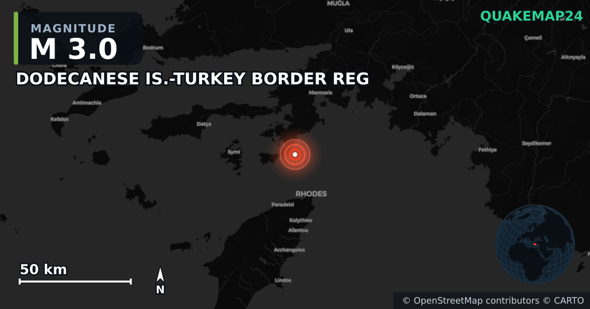 M3.0 earthquake near DODECANESE IS.-TURKEY BORDER REG on Jun 4, 2025 — map of epicenter and shaking intensity | QuakeMap24