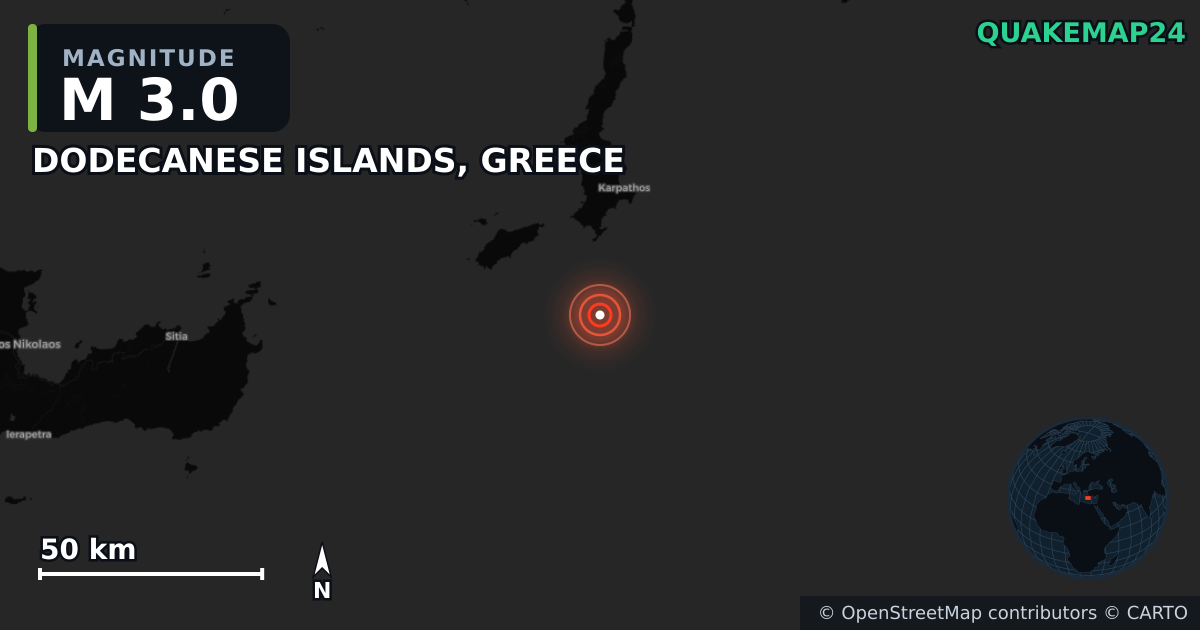 Σεισμός M3,0 κοντά στο DODECANESE ISLANDS, GREECE · 2025-07-09 — Χάρτης της θέσης του επικέντρου