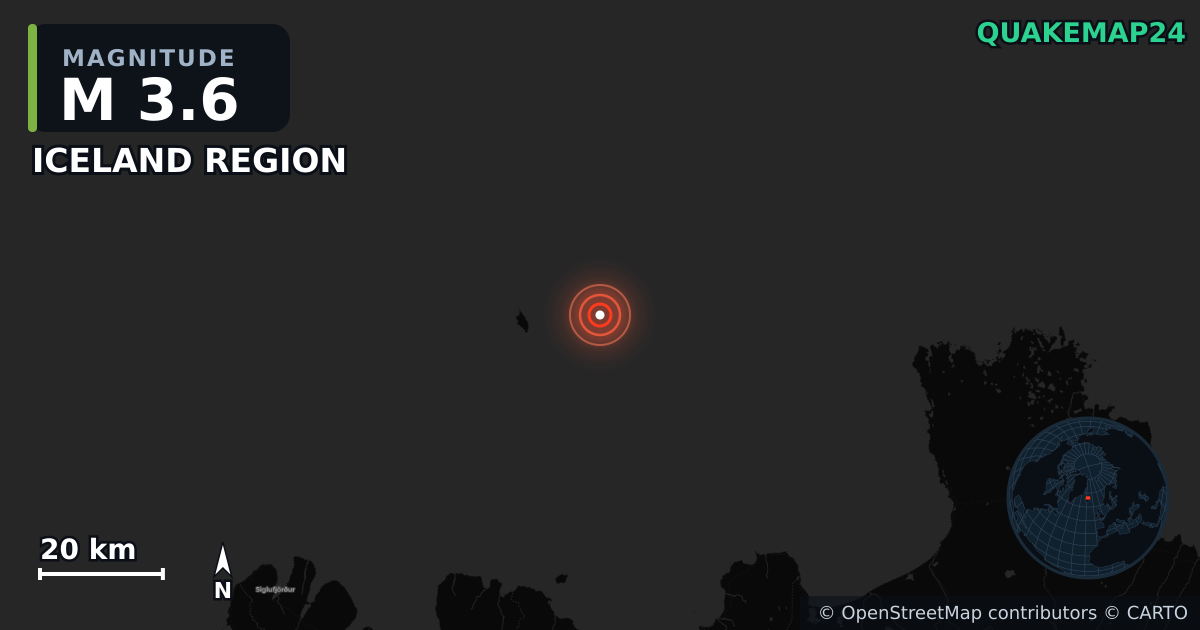 M3.6 earthquake near ICELAND REGION on May 14, 2025 — map of epicenter and shaking intensity | QuakeMap24
