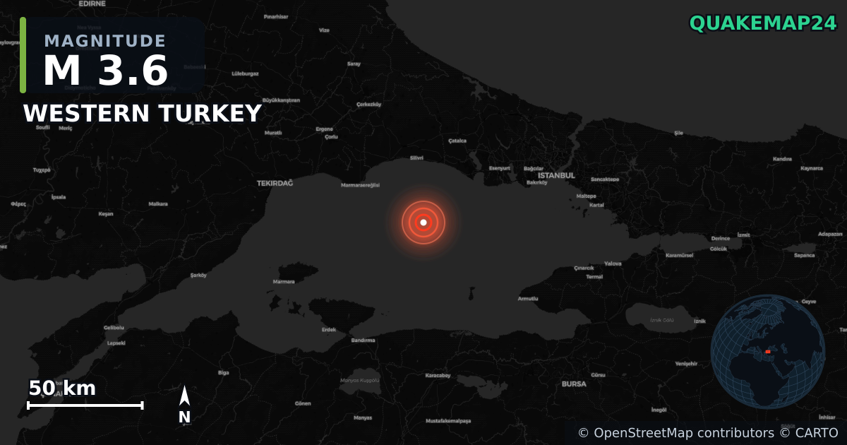 M3.6 earthquake near WESTERN TURKEY on Jul 31, 2025 — map of epicenter and shaking intensity | QuakeMap24