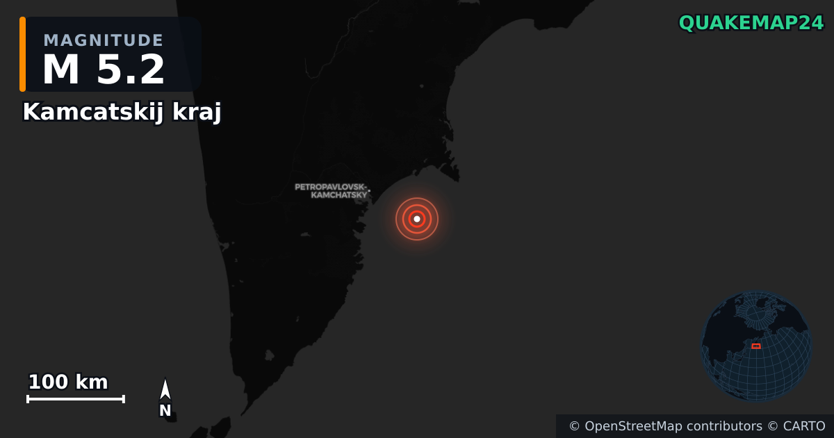 M5.2 earthquake near Kamcatskij kraj on Nov 3, 2025 — map of epicenter and shaking intensity | QuakeMap24