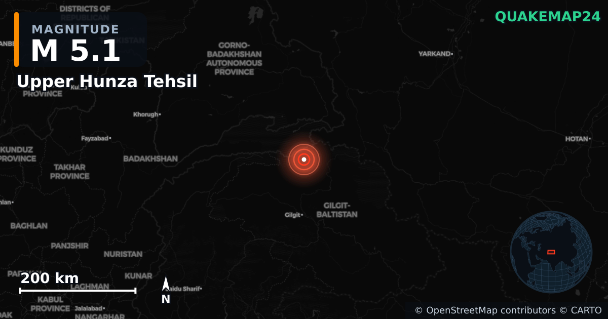 M5.1 earthquake near Upper Hunza Tehsil on Aug 13, 2026 — map of epicenter and shaking intensity | QuakeMap24