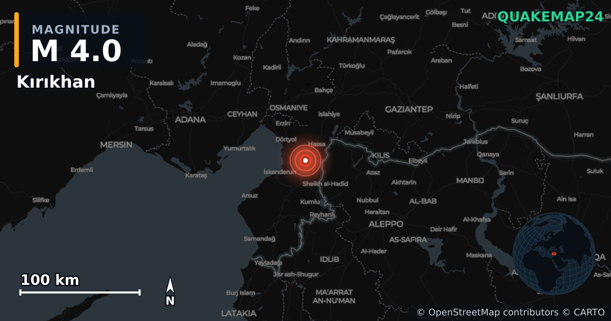 Terremoto de M4,0 cerca de Kırıkhan (Turquía) · 2025-12-17 — Mapa de la ubicación del epicentro