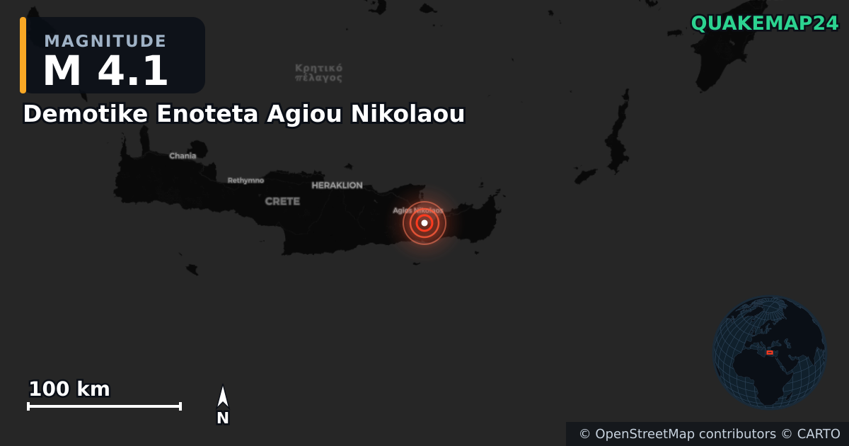 M4.1 earthquake near Demotike Enoteta Agiou Nikolaou on Feb 6, 2026 — map of epicenter and shaking intensity | QuakeMap24