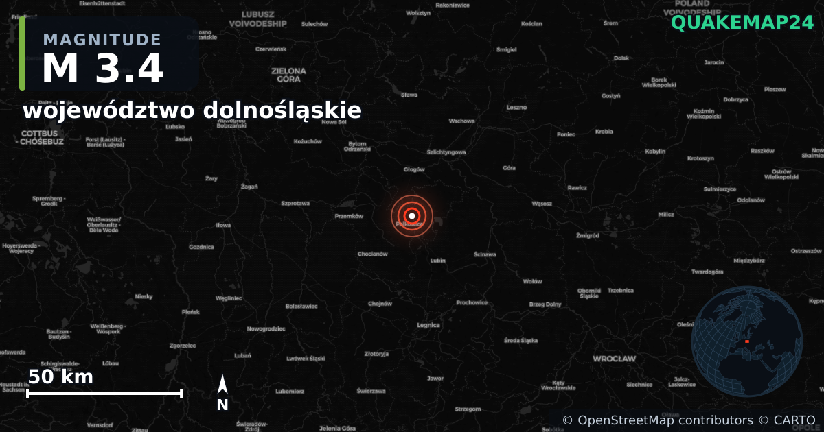 M3.4 earthquake near województwo dolnośląskie on Jun 13, 2025 — map of epicenter and shaking intensity | QuakeMap24
