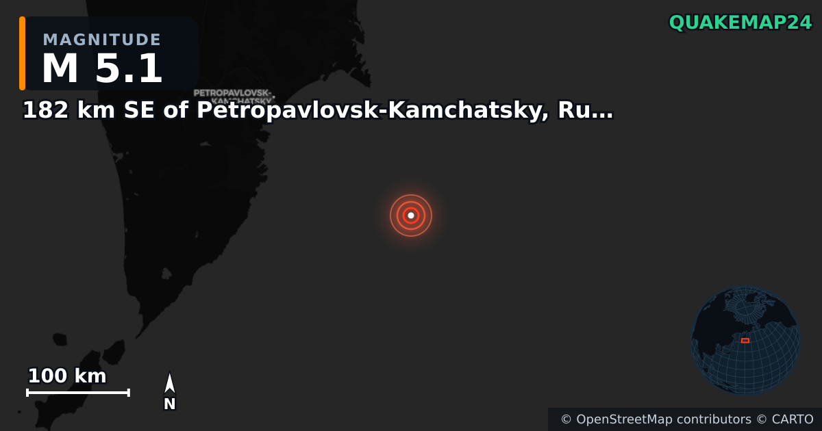 M5.1 earthquake near 182 km SE of Petropavlovsk-Kamchatsky, Russia on Aug 3, 2025 — map of epicenter and shaking intensity | QuakeMap24