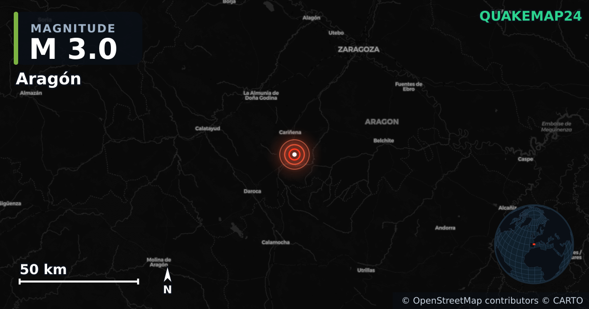 M3.0 earthquake near Aragón on Nov 27, 2025 — map of epicenter and shaking intensity | QuakeMap24