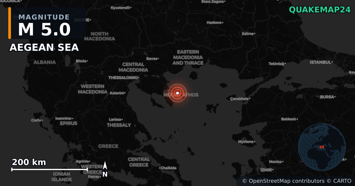 M5.0 earthquake near AEGEAN SEA on Sep 22, 2025 — map of epicenter and shaking intensity | QuakeMap24
