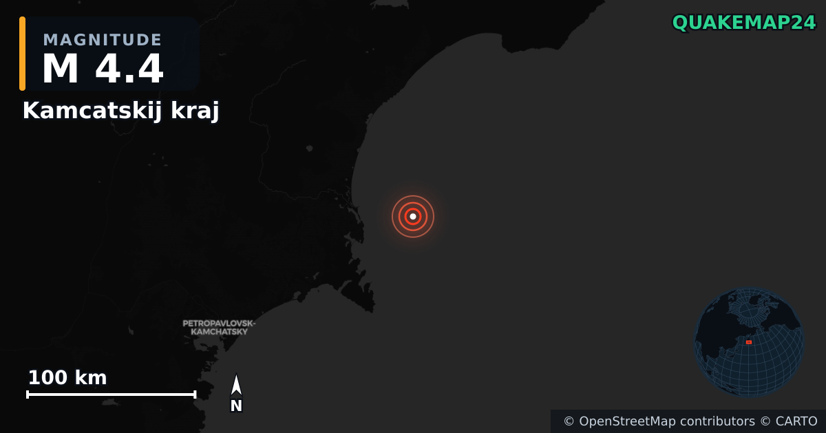 M4.4 earthquake near Kamcatskij kraj on Nov 23, 2025 — map of epicenter and shaking intensity | QuakeMap24