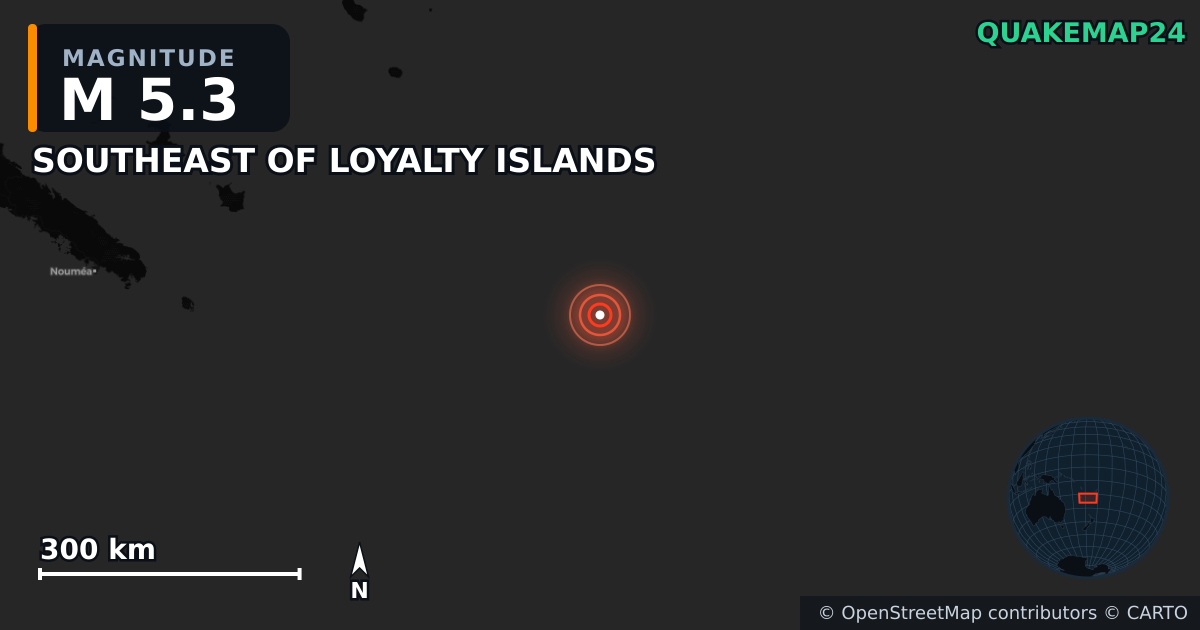 M5.3 earthquake near SOUTHEAST OF LOYALTY ISLANDS on Jul 5, 2025 — map of epicenter and shaking intensity | QuakeMap24