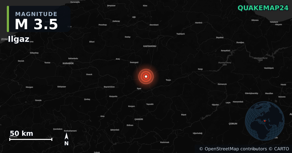 M3.5 earthquake near Ilgaz on Oct 1, 2025 — map of epicenter and shaking intensity | QuakeMap24