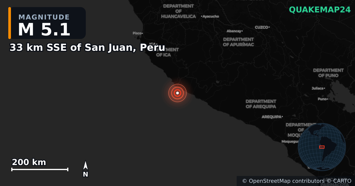 M5.1 earthquake near 33 km SSE of San Juan, Peru on Sep 22, 2025 — map of epicenter and shaking intensity | QuakeMap24