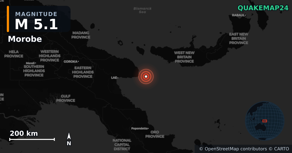 M5.1 earthquake near Morobe on Oct 23, 2025 — map of epicenter and shaking intensity | QuakeMap24