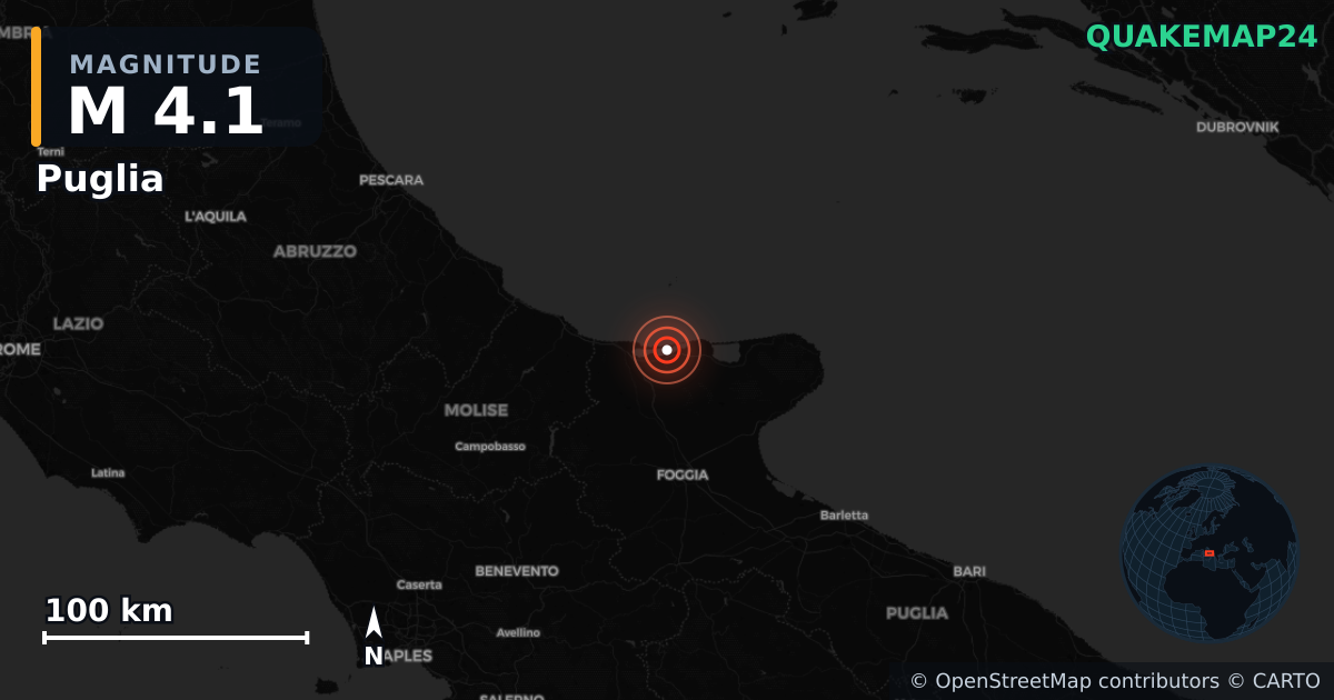 M4.1 earthquake near Puglia on Oct 7, 2025 — map of epicenter and shaking intensity | QuakeMap24