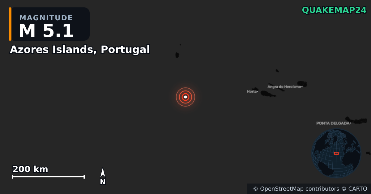 Azores Islands, Portugal yakınında M5,1 deprem — Deprem merkez üssünün konumunu gösteren harita