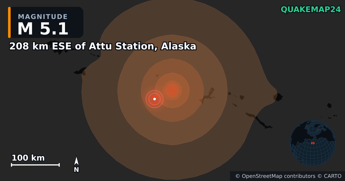 M5.1 Earthquake near 208 km ESE of Attu Station, Alaska · 2026-08-23 — Map showing the location of the epicenter