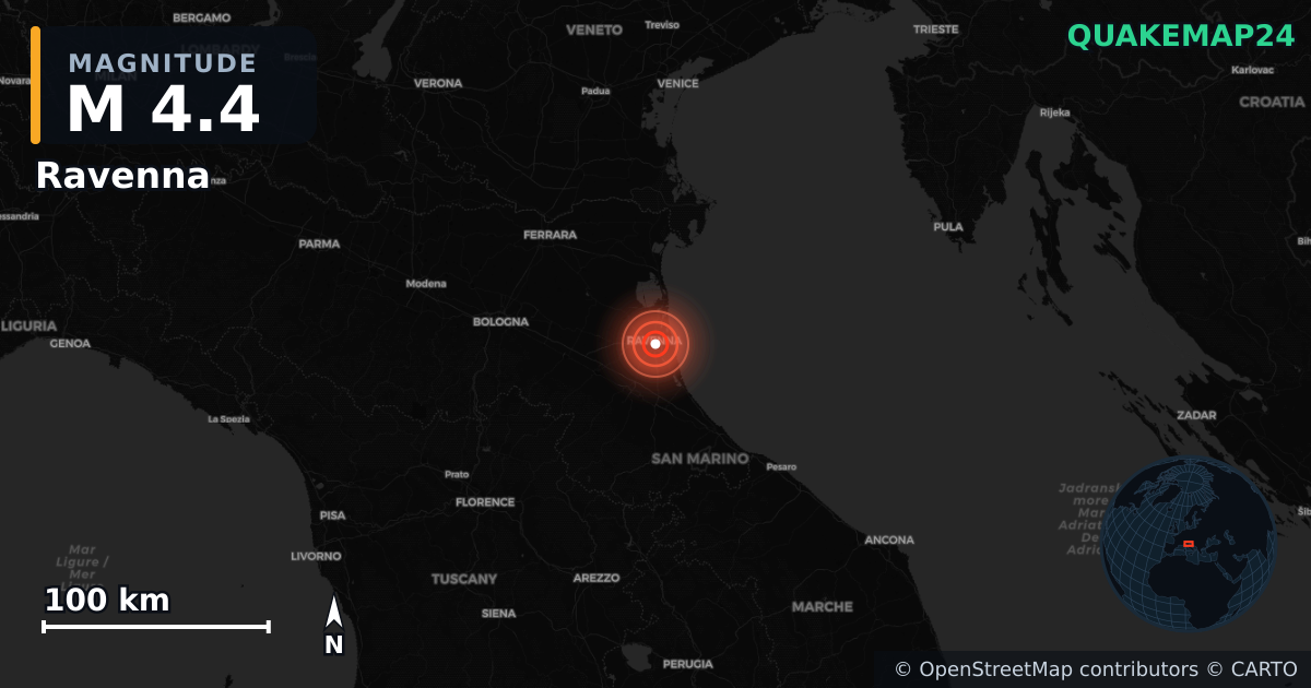 M4.4 earthquake near Ravenna on Jan 13, 2026 — map of epicenter and shaking intensity | QuakeMap24