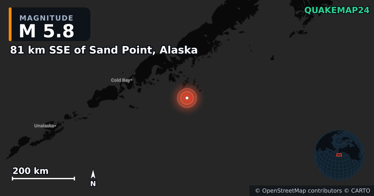 M5.8 earthquake near 81 km SSE of Sand Point, Alaska on Jul 20, 2025 — map of epicenter and shaking intensity | QuakeMap24