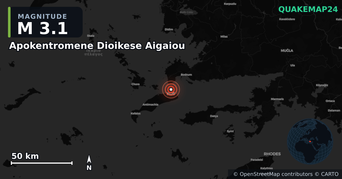 M3.1 earthquake near Apokentromene Dioikese Aigaiou on Jul 30, 2025 — map of epicenter and shaking intensity | QuakeMap24